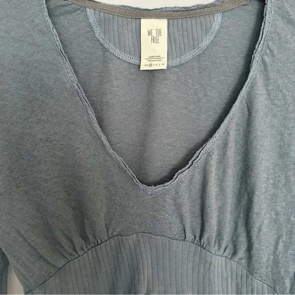 Free People We The Free Blue Cotton Linen Blend V-Neck Empire Waist Top XS - Picture 12 of 16
